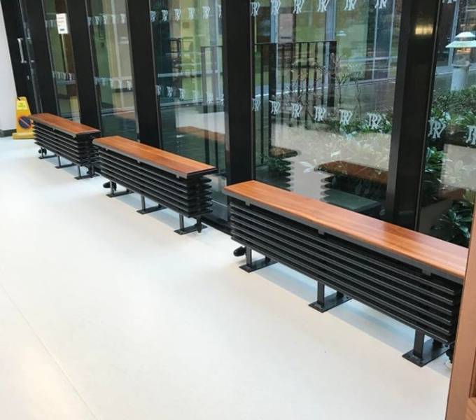 "The radiators in this building double as warm benches."