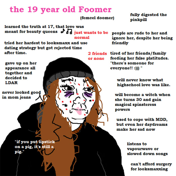 doomer face - the 19 year old Foomer fully digested the femcel doomer pinkpill learned the truth at 17, that love was meant for beauty queens just wants to be people are rude to her and normal ignore her, despite her being tried her hardest to looksmaxx a