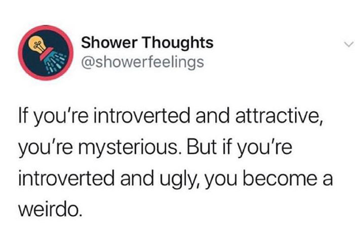 sex is overrated meme - Shower Thoughts If you're introverted and attractive, you're mysterious. But if you're introverted and ugly, you become a weirdo.