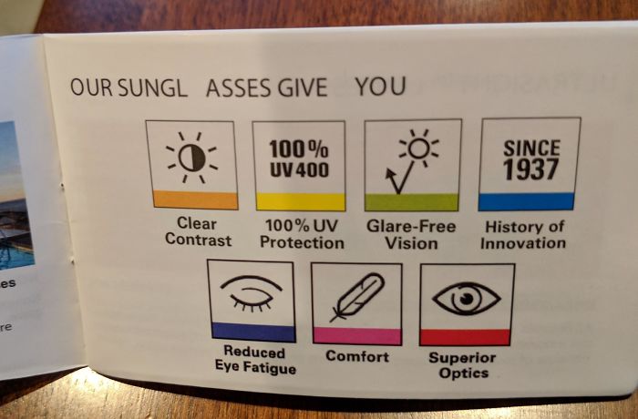label - Our Sunglasses Give You 100% Uv 400 Since 1937 Clear Contrast 100% Uv Protection GlareFree Vision History of Innovation es re Reduced Eye Fatigue Comfort Superior Opties