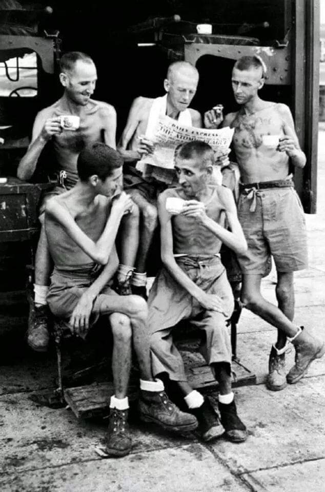 Australian soldiers after being liberated from a Japanese concentration camp in 1945