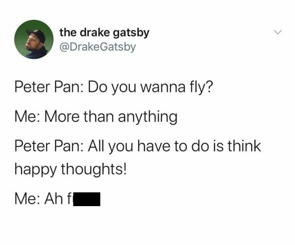 funny memes - document - > the drake gatsby Peter Pan Do you wanna fly? Me More than anything Peter Pan All you have to do is think happy thoughts! Me Ah f|