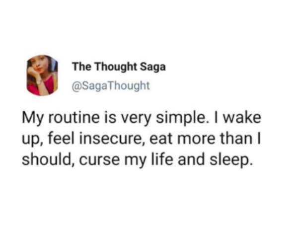 funny memes - resting bitch face ever vigilant - The Thought Saga Thought My routine is very simple. I wake up, feel insecure, eat more than 1 should, curse my life and sleep.