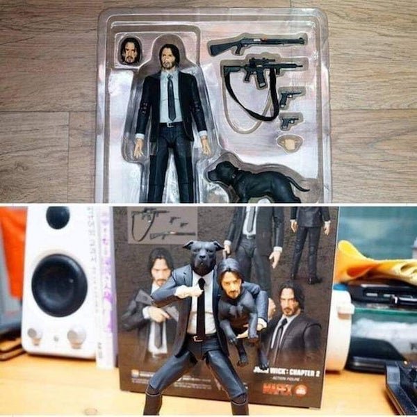 funny memes - john wick action figure with dog's head on keanu reeve's body