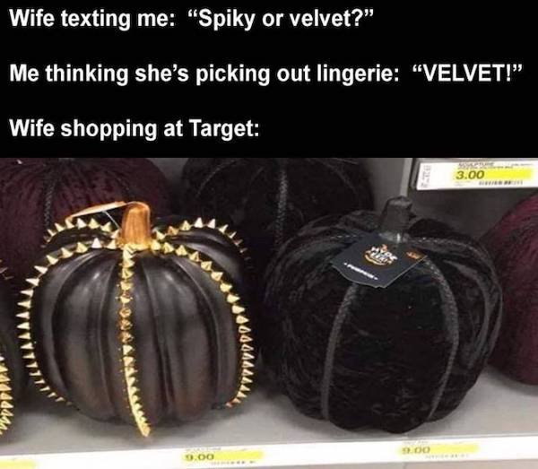funny memes - Wife texting me spike or velvet? - me thinking she's picking out lingerie: velvet! - wife shopping at target decorative halloween pumpkins