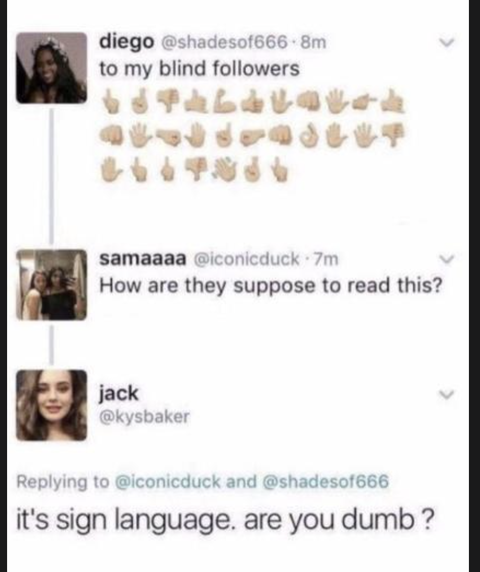 ability to speak does not make you intelligent meme - diego .8m to my blind ers Al samaaaa 7m How are they suppose to read this? jack and it's sign language. are you dumb ?
