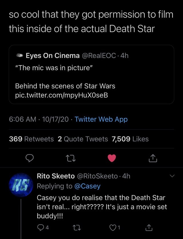 screenshot - so cool that they got permission to film this inside of the actual Death Star Eyes On Cinema 4h. "The mic was in picture" Behind the scenes of Star Wars pic.twitter.commpyHuxoseB 101720 Twitter Web App 369 2 Quote Tweets 7,509 Rito Skeeto Ske