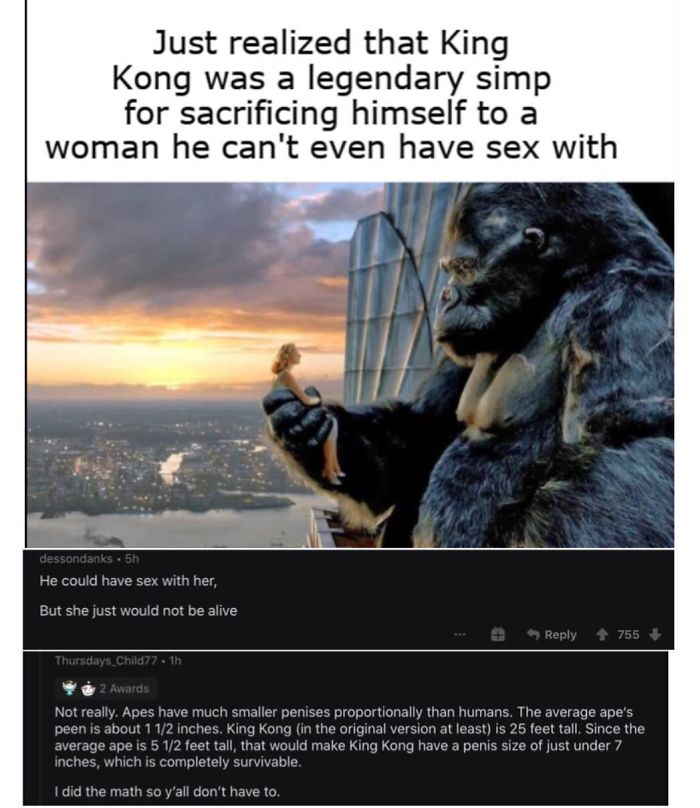 king kong 2005 - Just realized that King Kong was a legendary simp for sacrificing himself to a woman he can't even have sex with dessondanks sh He could have sex with her, But she just would not be alive 755 Thursdays_Child77. 1h 2 Awards Not really. Ape