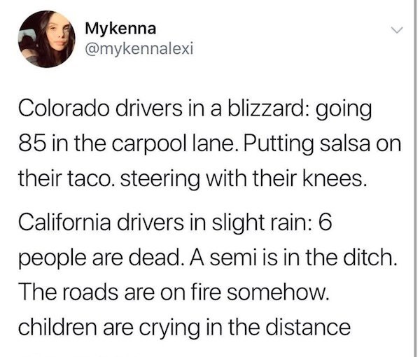 max dupain - Mykenna Colorado drivers in a blizzard going 85 in the carpool lane. Putting salsa on their taco. steering with their knees. California drivers in slight rain 6 people are dead. A semi is in the ditch. The roads are on fire somehow. children 