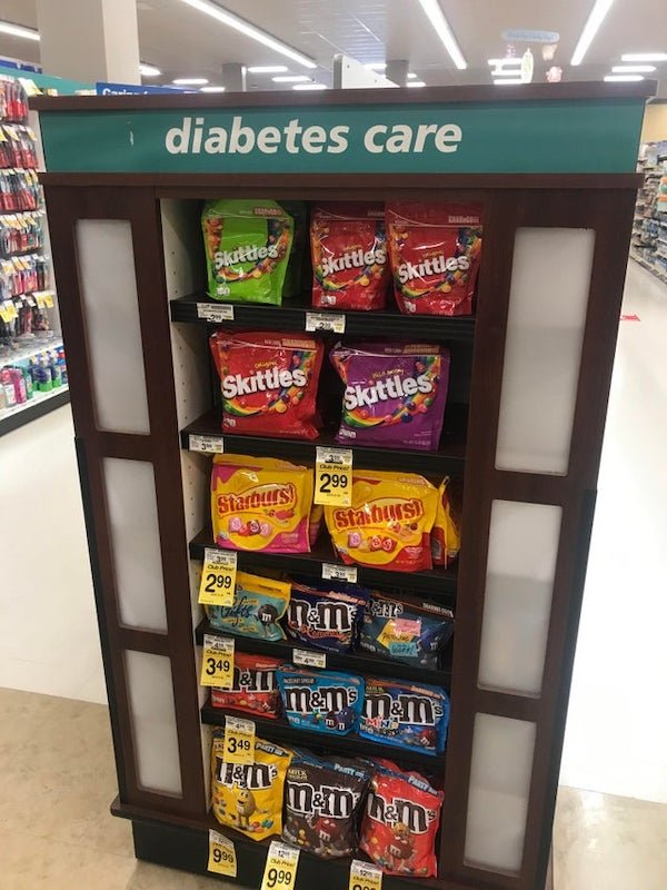 funny sign fails - diabetes care doritos skittles starburst