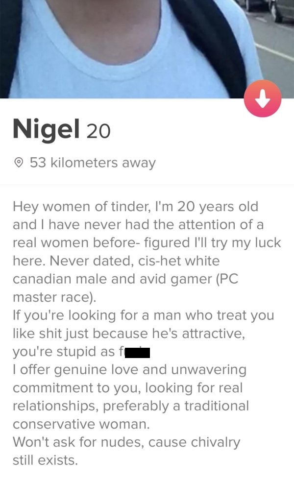 t shirt - Nigel 20 53 kilometers away Hey women of tinder, I'm 20 years old and I have never had the attention of a real women before figured I'll try my luck here. Never dated, cishet white canadian male and avid gamer Pc master race. If you're looking f