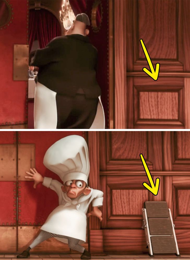At the beginning of the movie, the chef was trying to stop the soup from leaving the kitchen. In the first scene when the waiter is getting the soup out, if we look to the right next to the door there is no step stool.

However, just a few seconds later, we can see the step stool on the right, and the chef takes it to help him peek through the door.