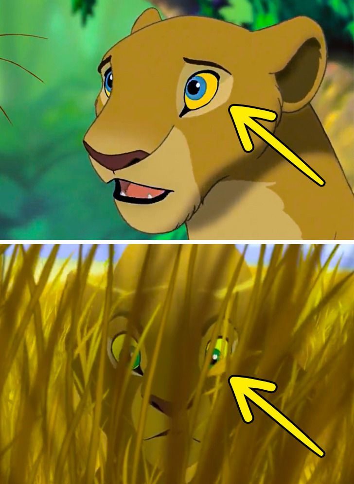In the Lion King, in 2 different scenes, Nala has a different eye color. When he is talking with Simba her eyes are blue. However, when she was about to attack Pumbaa her eyes were green. In the rest of the movie, her eyes are green.