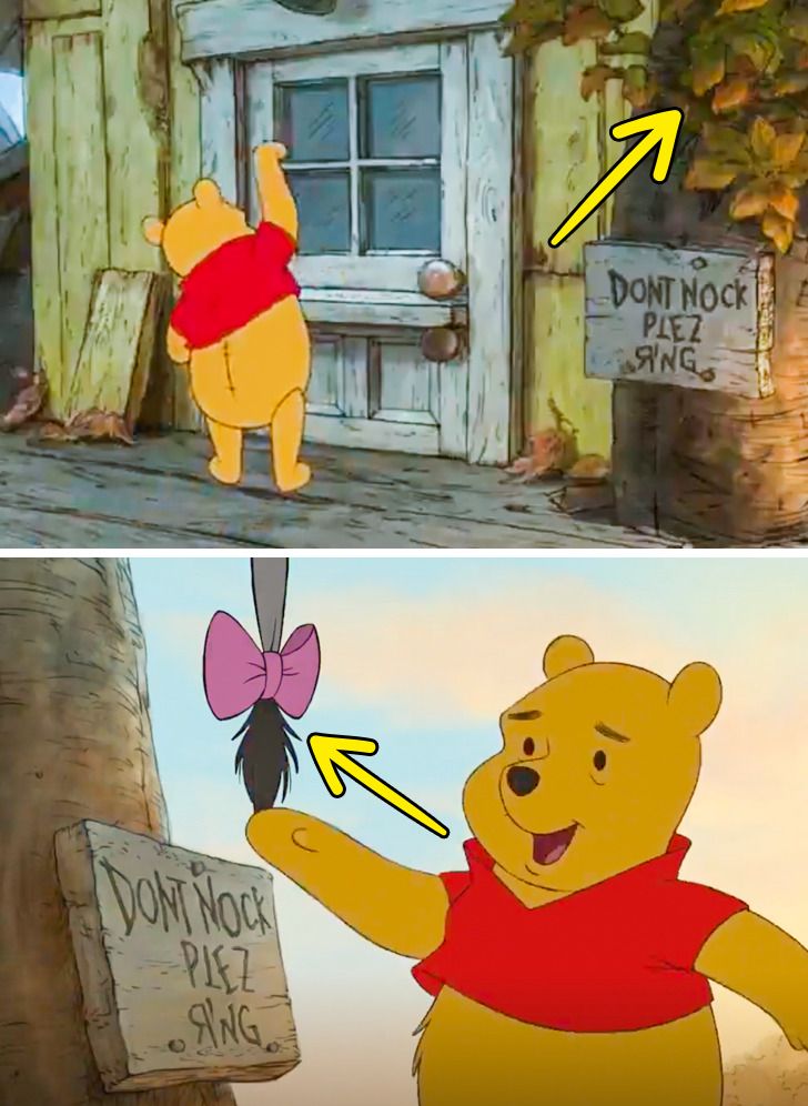 As Pooh was about to knock on the door, he noticed a sign that he should ring instead. In the first scene, we see the sign but there is no tail, while just a few seconds later when he goes to ring the bell there is a tail, just above the sign.