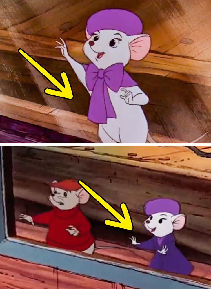 As the rescuers were waiting for their ride we can see a difference in their clothing. In the first scene, Miss Bianca doesn’t have a coat. A few seconds later, when Bernard comes to the window, suddenly we see her all dressed up.