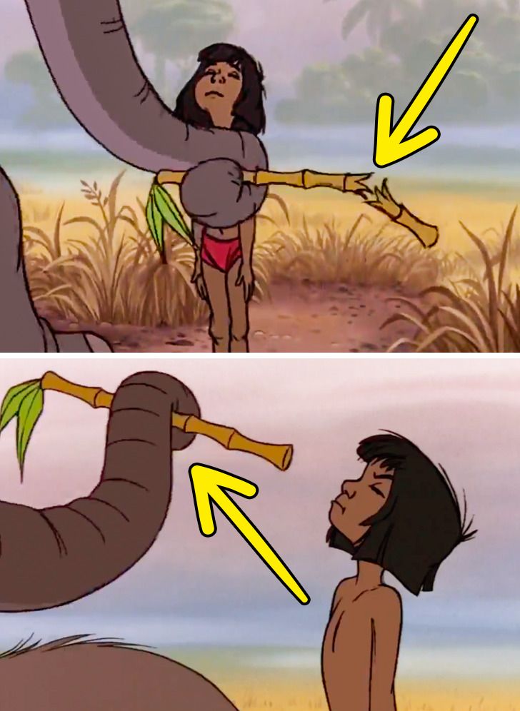 In the scene when the elephant was teaching a lesson he got his stick broken. We can see this in the first image when he is talking to Mowgli. A second later it appears that the stick has fixed itself.