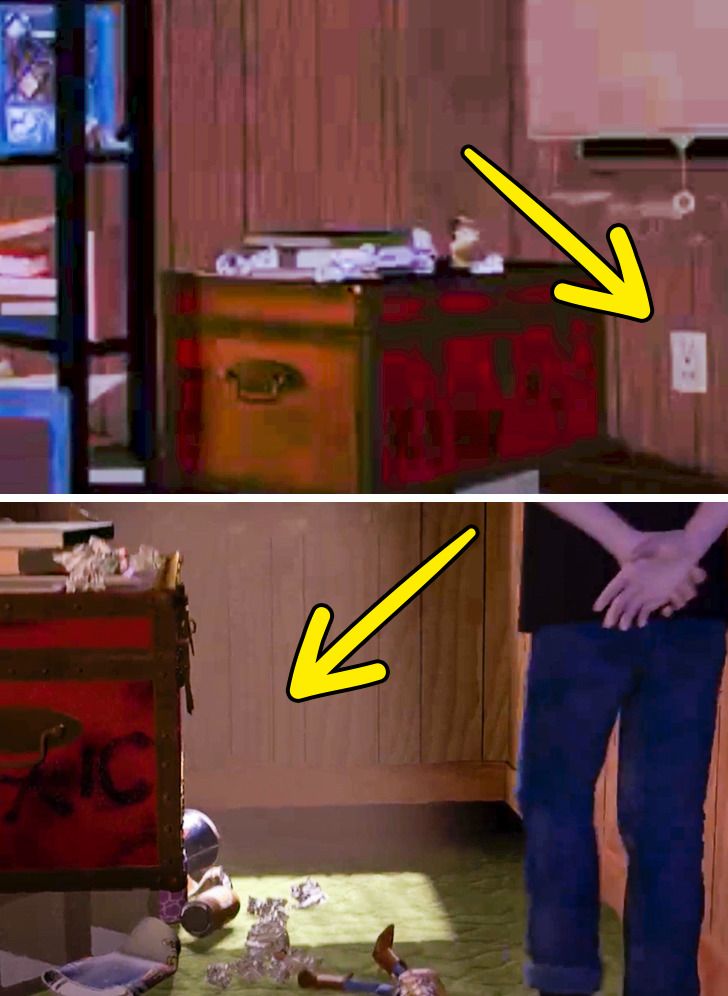When the heroes get trapped in Sid’s house we can see that there isn’t an outlet under the window. Later when Sid starts to experiment on the toys and play doctor, there is an outlet under the window and next to the chest.