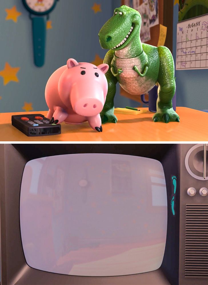 At the beginning of the movie, when Rex accidentally steps on the remote control and he turns on the TV, Hamm comes to help to turn it off. But once he does and we see the TV turns off there is no reflection of them.