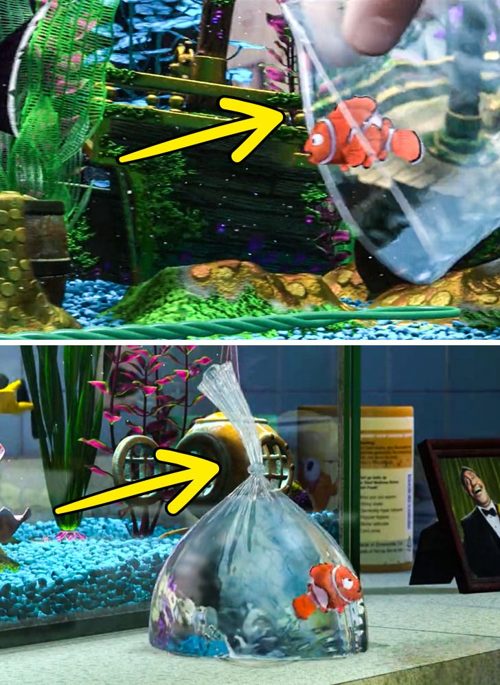 When the dentist goes into the fish tank to get Nemo with a plastic bag, first we see a zip-lock bag. However, when he places the bag on the table it changes into a regular one.