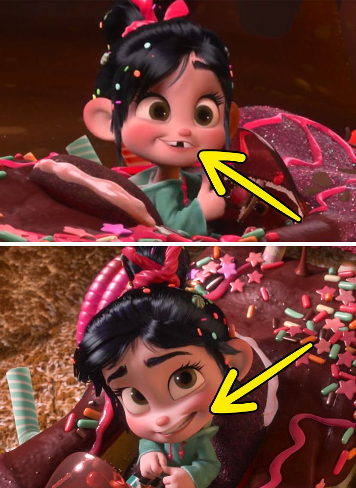 When Ralph was teaching Vanellope to drive, she crashes her car and her tooth falls out. But in the following scenes, and actually during the entire movie, her tooth doesn’t seem to be missing.