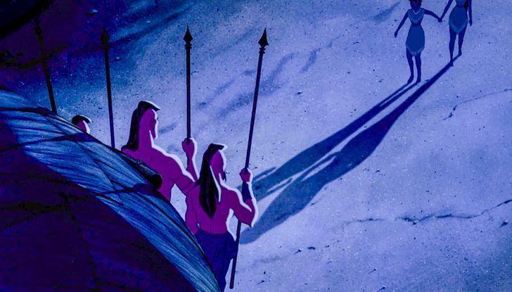 At first, when Pocahontas and Nakoma went to see John, their shadows seem ok. But as they get closer the shadows become even, which is not possible.