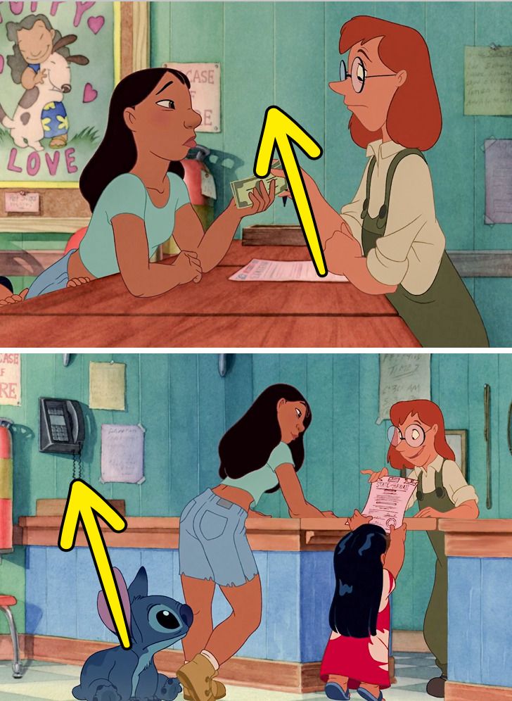 When Lilo went to adopt a dog and she adopted Stitch instead during the payment process we can see the wall clearly and there is no phone on it. But, when Lilo grabs the adoption form, a phone appears on the same wall.