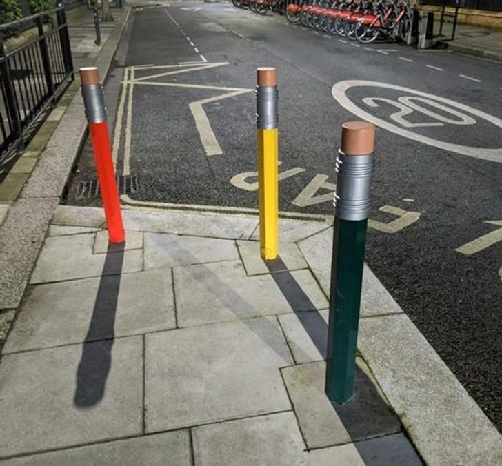 “These bollards outside Leckhampton Primary School are shaped like pencils.”