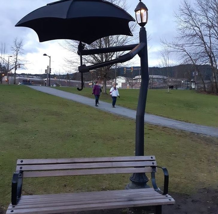 A bench in Canada for those who like to enjoy the rain without getting wet