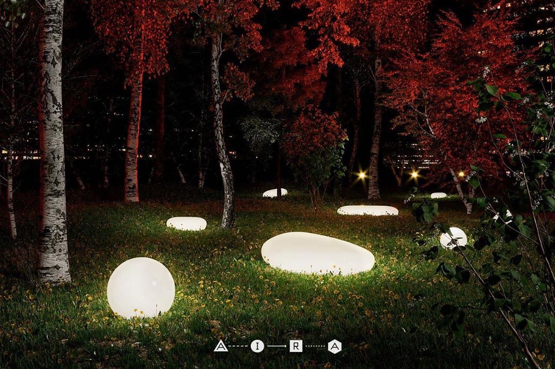 Luminescent park seats that imitate pebbles in Saint Petersburg, Russia