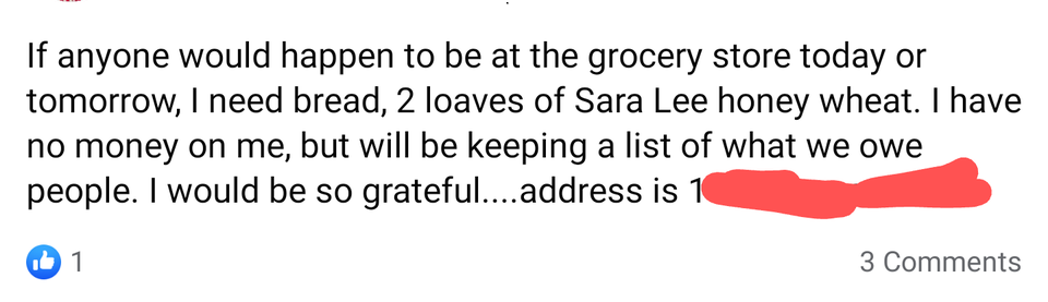 quotes - If anyone would happen to be at the grocery store today or tomorrow, I need bread, 2 loaves of Sara Lee honey wheat. I have no money on me, but will be keeping a list of what we owe people. I would be so grateful....address is 1 11 3