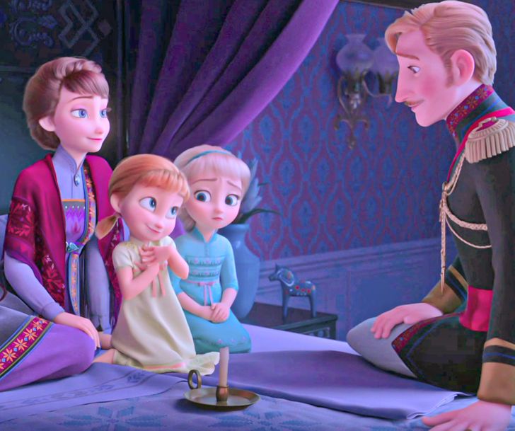 Frozen II. At the beginning of the film, you can see the warm relationship the parents and the daughters share, but there are details revealing that this is the last day of harmony for the family.

Before King Agnarr tells his daughters the story about the Enchanted Forest, Anna whispers to Elsa that they’re going to make a snowman. This phrase and the same clothes are seen in the first installment of the franchise.