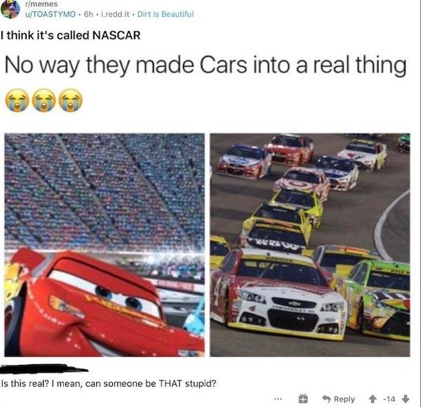 they made this into a real thing meme - rmemes WToastymo.6h.i.reddit. Dirt Is Beautiful I think it's called Nascar No way they made Cars into a real thing Yvon Is this real? I mean, can someone be That stupid? 14