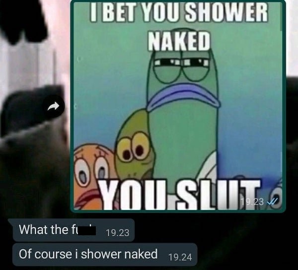 cartoon - I Bet You Shower Naked You.Sluto What the fi 19.23 Of course i shower naked 19.24