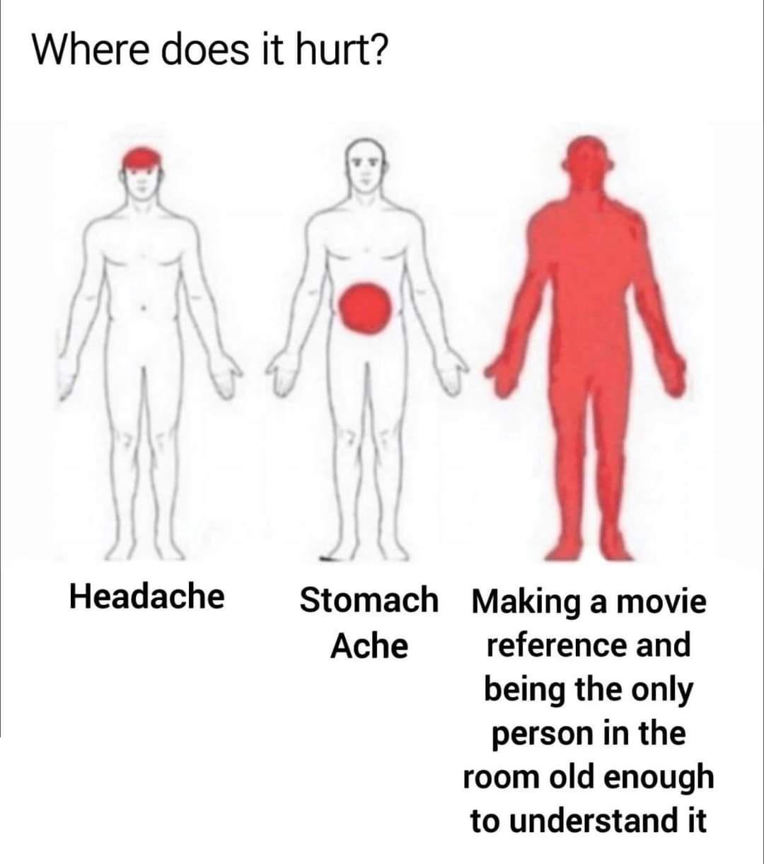 does it hurt meme - Where does it hurt? Headache Stomach Making a movie Ache reference and being the only person in the room old enough to understand it