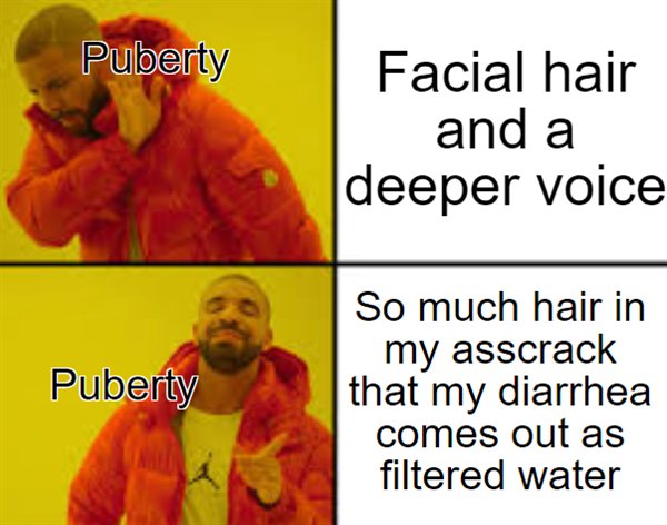 Puberty Facial hair and a deeper voice Puberty So much hair in my asscrack that my diarrhea comes out as filtered water