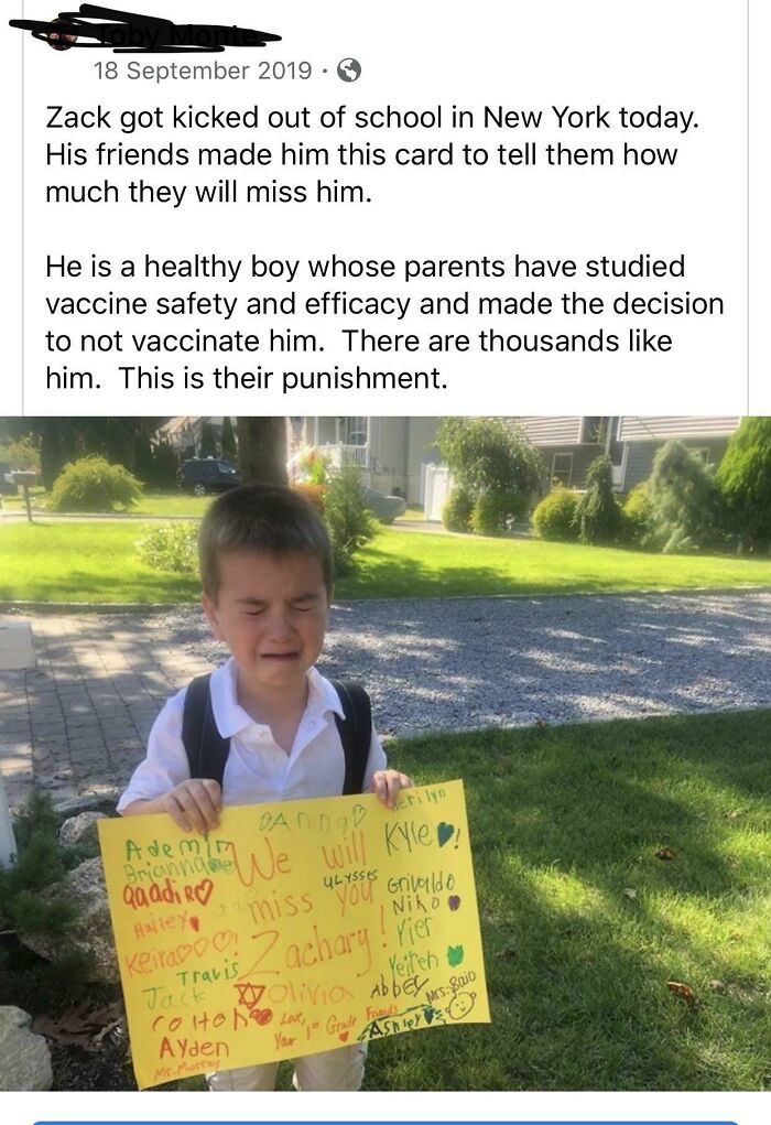 funny parenting - Zack got kicked out of school in New York today. His friends made him this card to tell them how much they will miss him. He is a healthy boy whose parents have studied vaccine safety and efficacy and made the decision to not vaccinate h