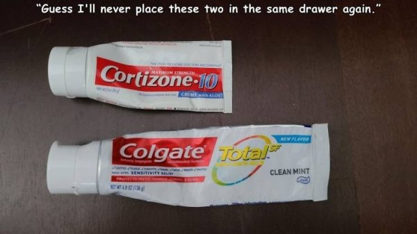 cream - "Guess I'll never place these two in the same drawer again." Cortizone10 Creme Aloe Newflow Colgate Total Sensitivity Me Clean Mint