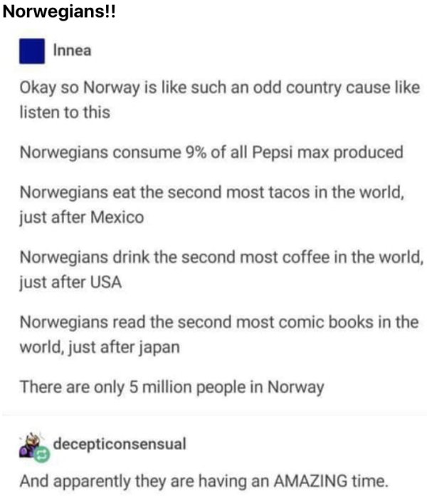 paper - Norwegians!! Innea Okay so Norway is such an odd country cause listen to this Norwegians consume 9% of all Pepsi max produced Norwegians eat the second most tacos in the world, just after Mexico Norwegians drink the second most coffee in the world