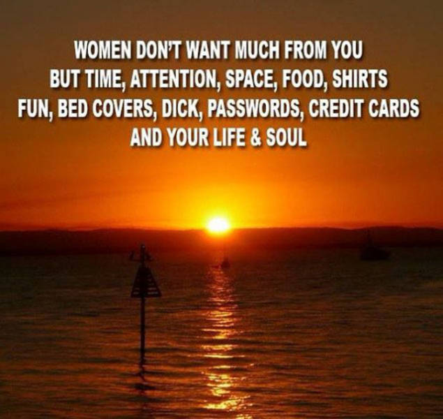 Woman - Women Don'T Want Much From You But Time, Attention, Space, Food, Shirts Fun, Bed Covers, Dick, Passwords, Credit Cards And Your Life & Soul
