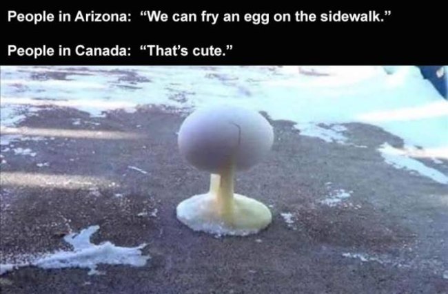 atomic bomb meme - People in Arizona We can fry an egg on the sidewalk." People in Canada That's cute."