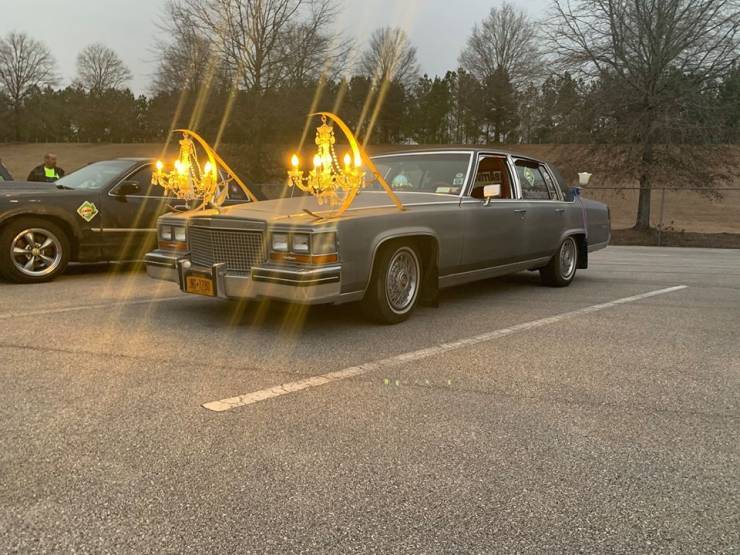 car with chandelier headlights