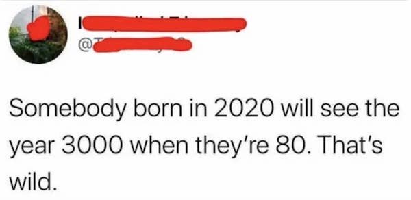 dumb tweets 2020 - Somebody born in 2020 will see the year 3000 when they're 80. That's wild.
