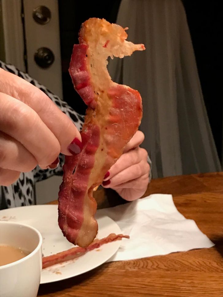 Breakfast bacon that closely resembles a seahorse