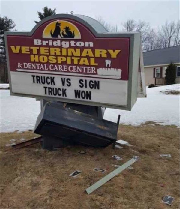 vehicle - Bridgton Veterinary Hospital & Dental Care Center Truck Vs Sign Truck Won