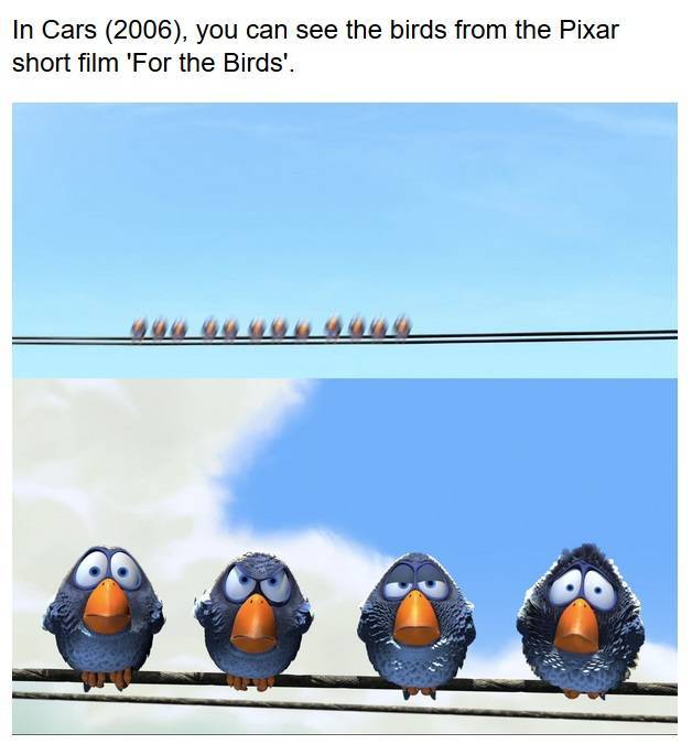 pixar birds on a wire - In Cars 2006, you can see the birds from the Pixar short film 'For the Birds'.