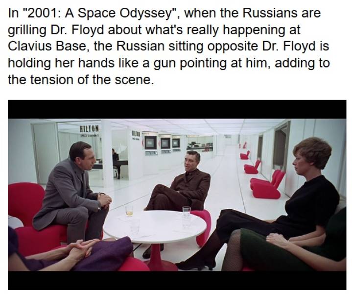 2001 a space odyssey hilton hotel - In "2001 A Space Odyssey", when the Russians are grilling Dr. Floyd about what's really happening at Clavius Base, the Russian sitting opposite Dr. Floyd is holding her hands a gun pointing at him, adding to the tension