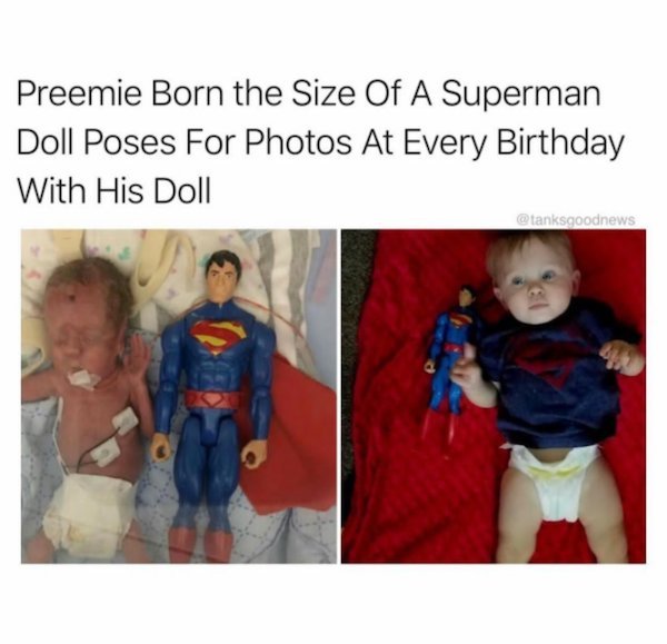 toddler - Preemie Born the Size Of A Superman Doll Poses For Photos At Every Birthday With His Doll