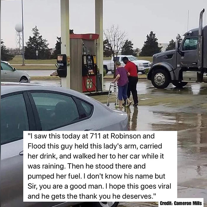 vehicle door - "I saw this today at 711 at Robinson and Flood this guy held this lady's arm, carried her drink, and walked her to her car while it was raining. Then he stood there and pumped her fuel. I don't know his name but Sir, you are a good man. I h