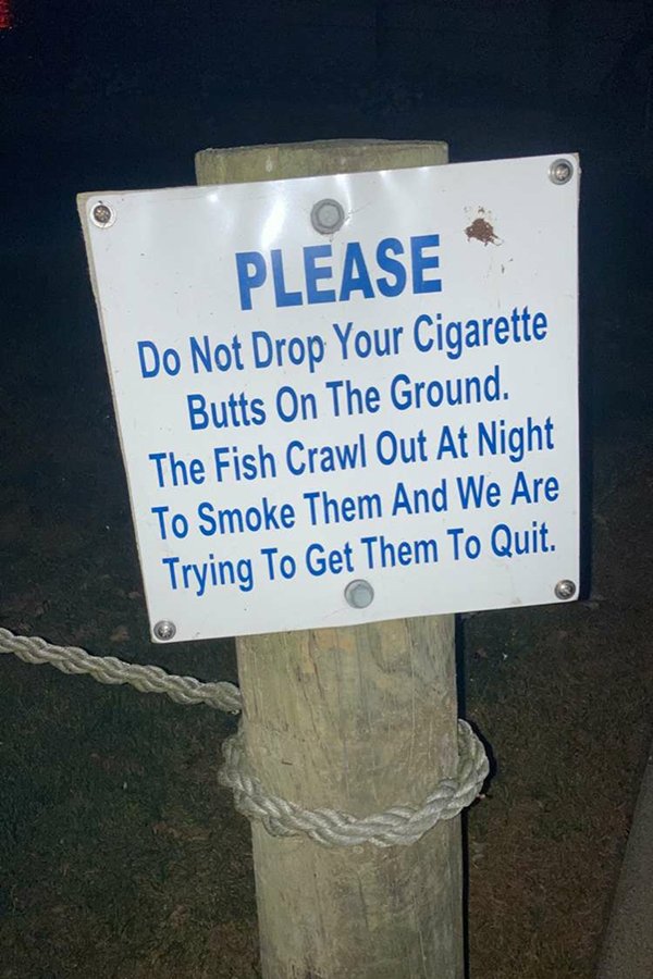 hands off - Please Do Not Drop Your Cigarette Butts On The Ground. The Fish Crawl Out At Night To Smoke Them And We Are Trying To Get Them To Quit.