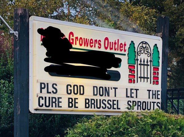 street sign - Growers Outlet Pls God Don'T Let The Cure Be Brussel Sproutsi